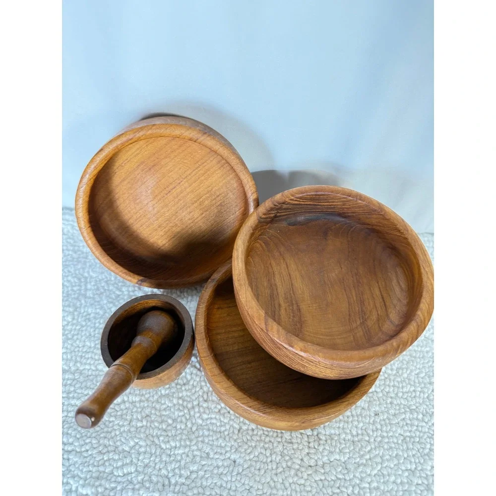 Vintage‎ Wooden Mortar Pestle Set 3 Bowls Kitchen Spice Grinder Herbs